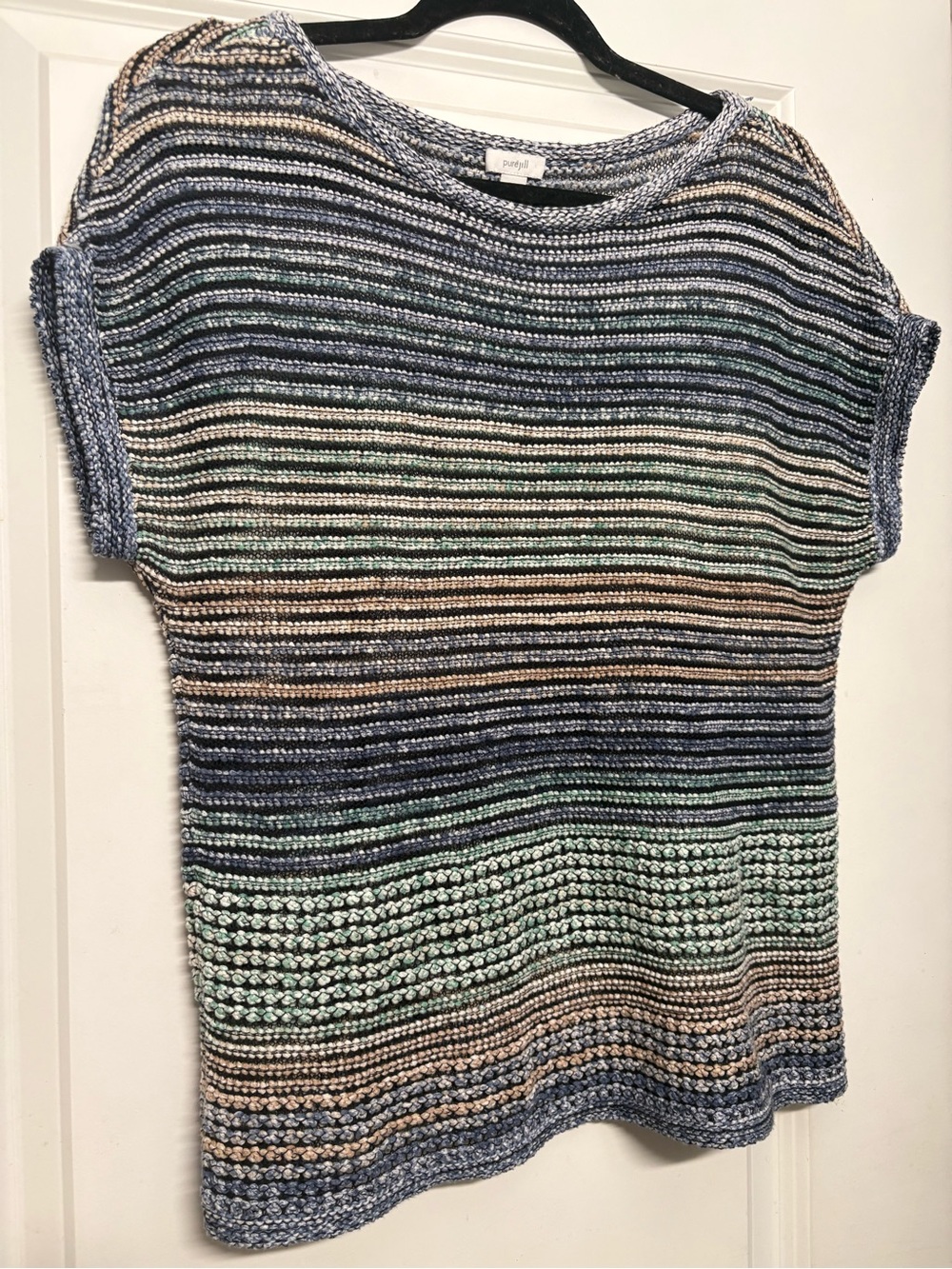 J Jill Striped Short-Sleeve Knit Top in Blue, Mint, Tan